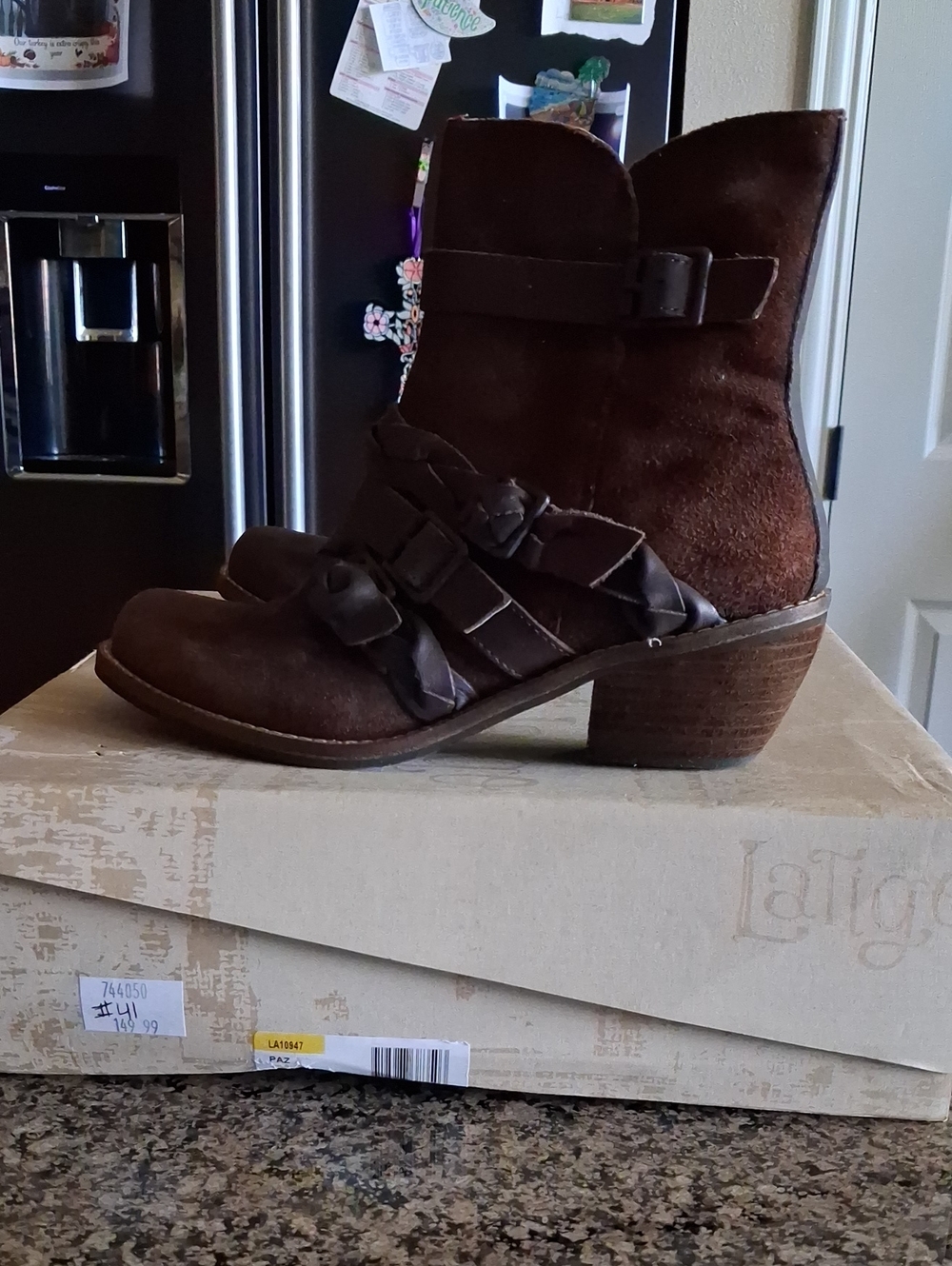 Latigo Dark Brown Suede Ankle Booties with Strap and Buckle Details